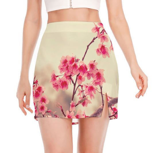 Vintage Cherry Blossom Print Side Slit Mini Skirt
