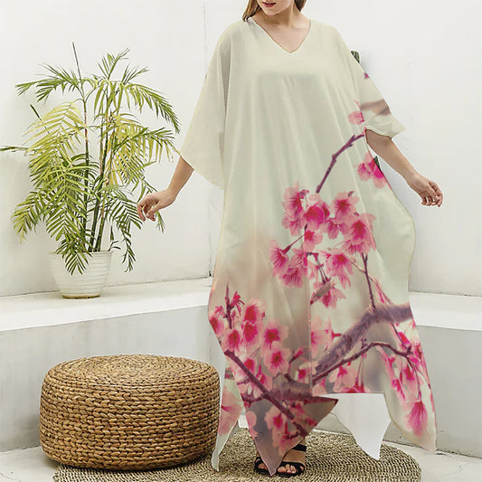 Vintage Cherry Blossom Print Silk V-Neck Kaftan Dress