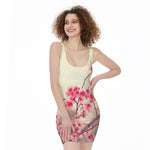 Vintage Cherry Blossom Print Sleeveless Bodycon Dress