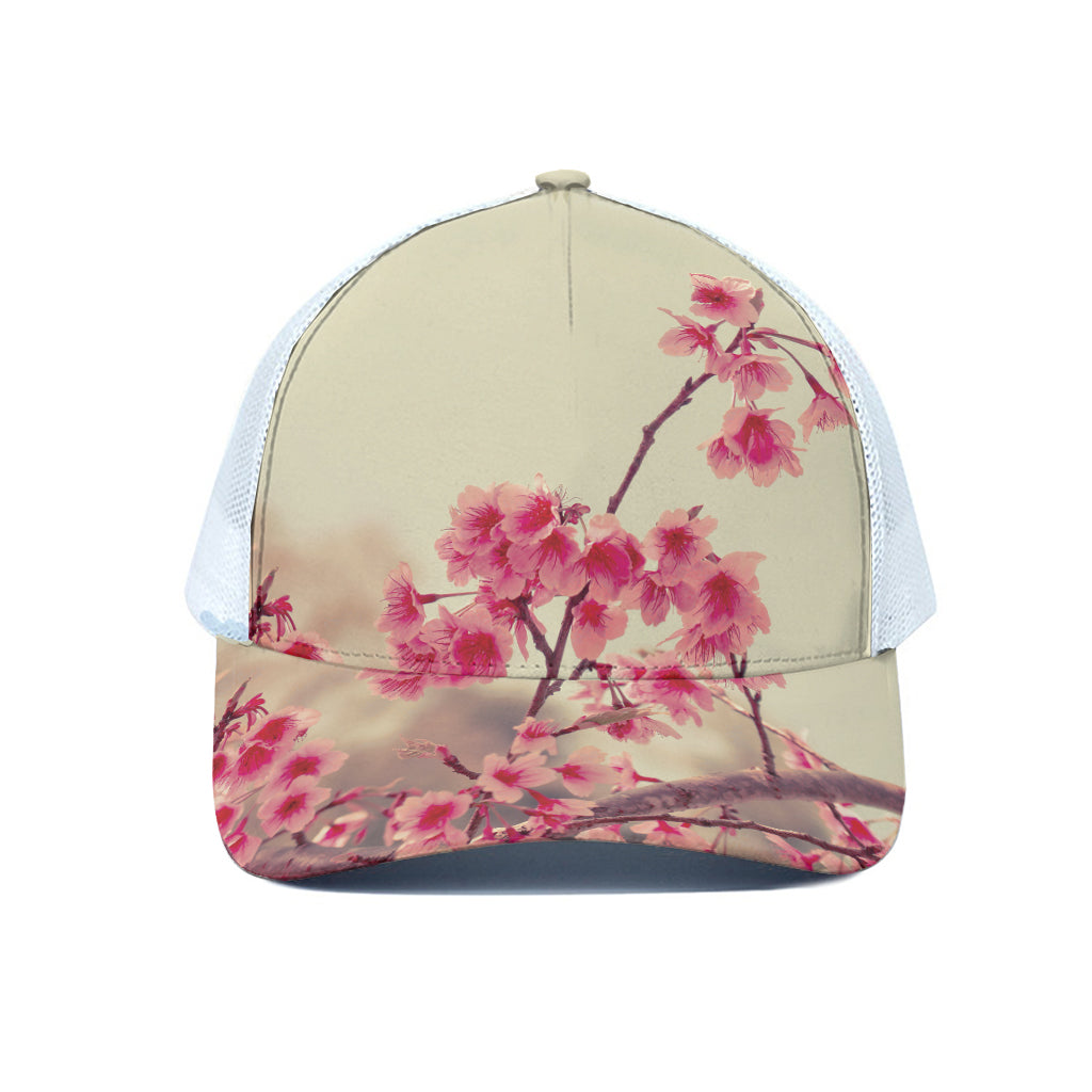 Vintage Cherry Blossom Print White Mesh Trucker Cap