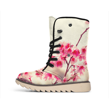 Vintage Cherry Blossom Print Winter Boots