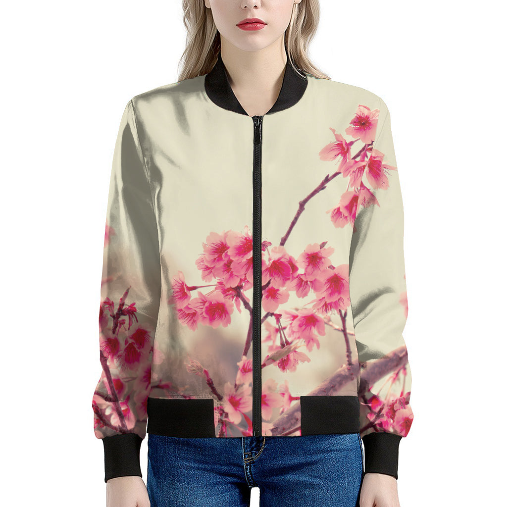 Vintage Cherry Blossom Print Women's Bomber Jacket