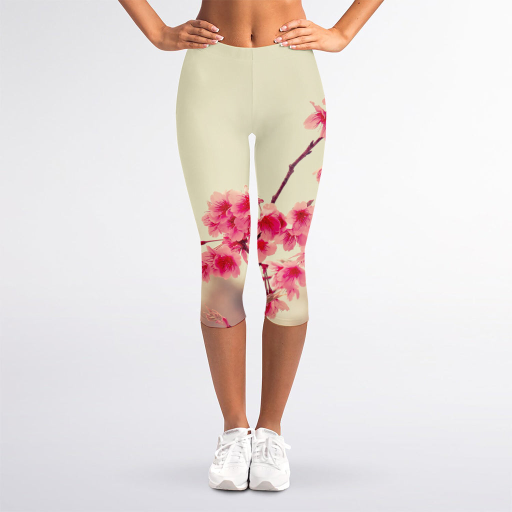 Vintage Cherry Blossom Print Women's Capri Leggings