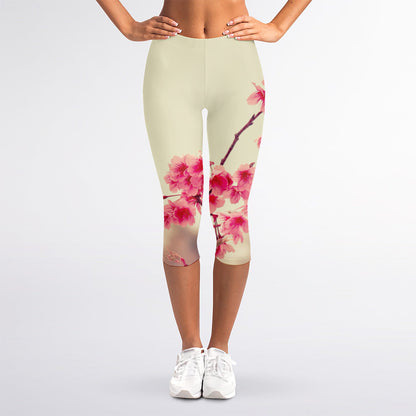 Vintage Cherry Blossom Print Women's Capri Leggings