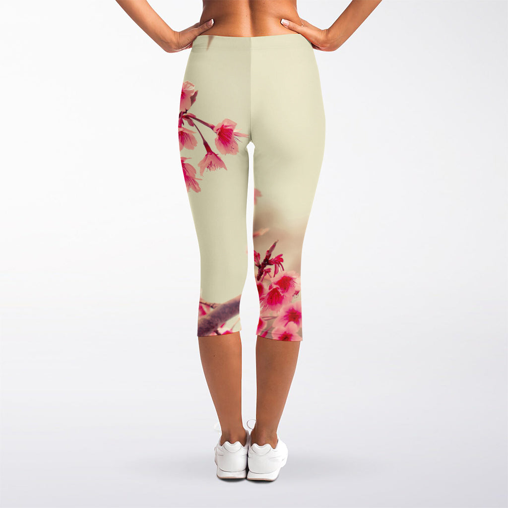 Vintage Cherry Blossom Print Women's Capri Leggings