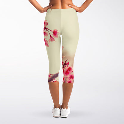 Vintage Cherry Blossom Print Women's Capri Leggings