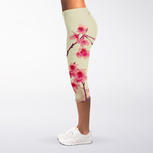 Vintage Cherry Blossom Print Women's Capri Leggings