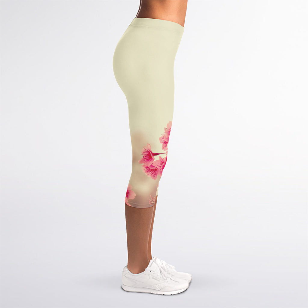 Vintage Cherry Blossom Print Women's Capri Leggings