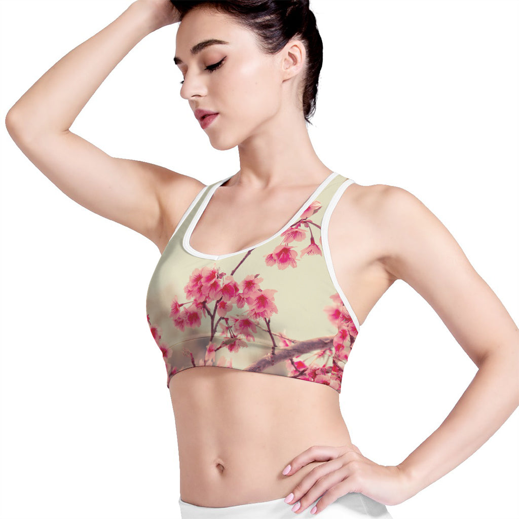 Vintage Cherry Blossom Print Women's Sports Bra