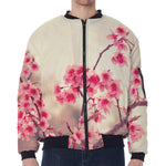Vintage Cherry Blossom Print Zip Sleeve Bomber Jacket