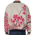 Vintage Cherry Blossom Print Zip Sleeve Bomber Jacket