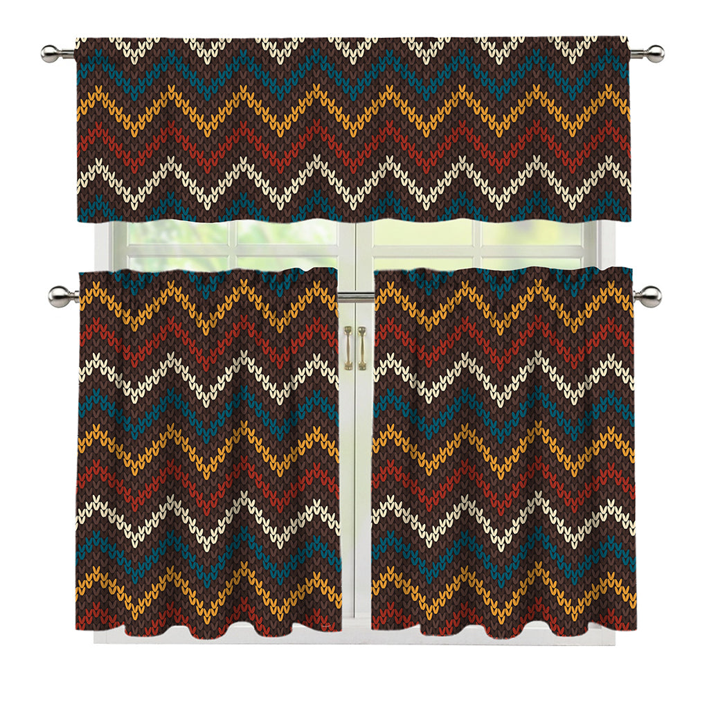 Vintage Chevron Knitted Pattern Print 3 Piece Kitchen Curtains