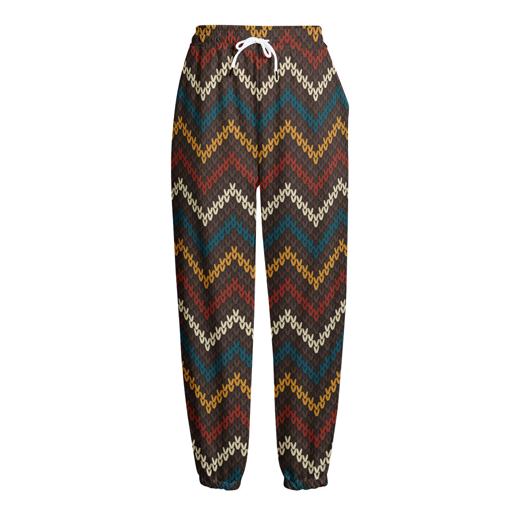 Vintage Chevron Knitted Pattern Print Fleece Lined Knit Pants