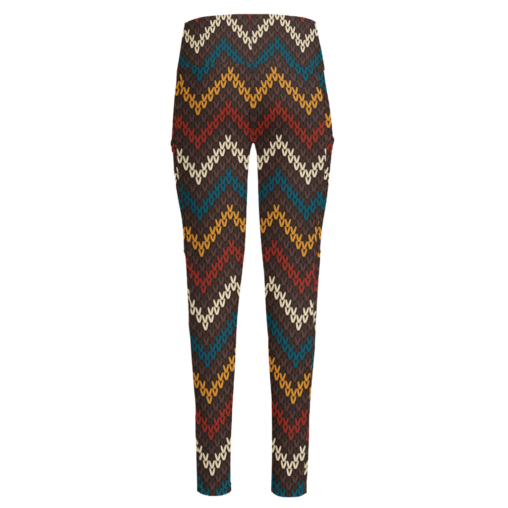 Vintage Chevron Knitted Pattern Print High-Waisted Pocket Leggings
