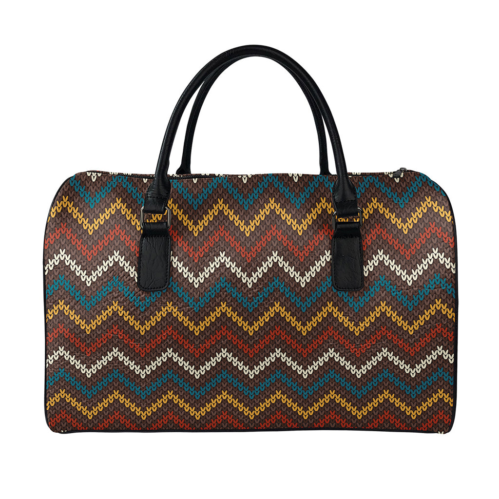 Vintage Chevron Knitted Pattern Print Leather Duffle Bag