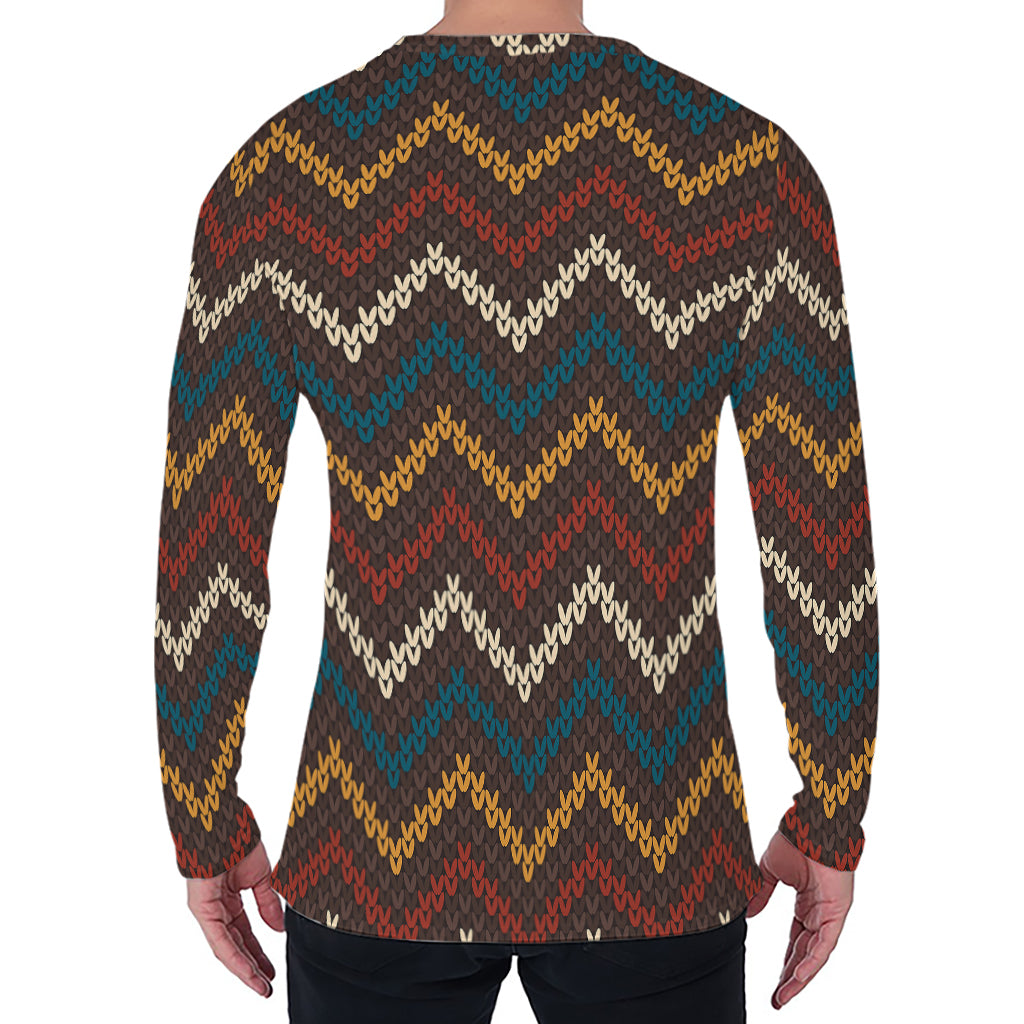 Vintage Chevron Knitted Pattern Print Men's Long Sleeve T-Shirt