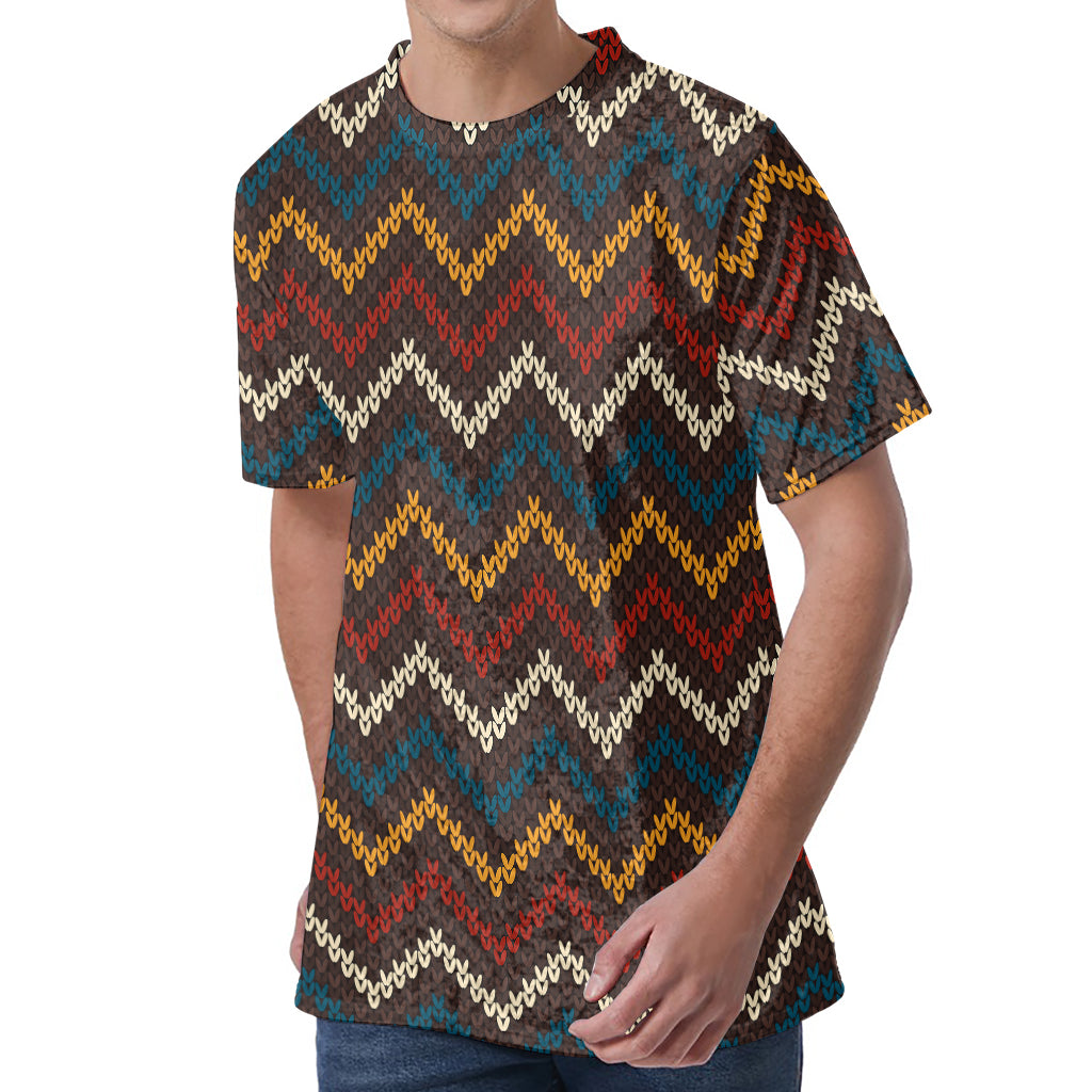 Vintage Chevron Knitted Pattern Print Men's Velvet T-Shirt