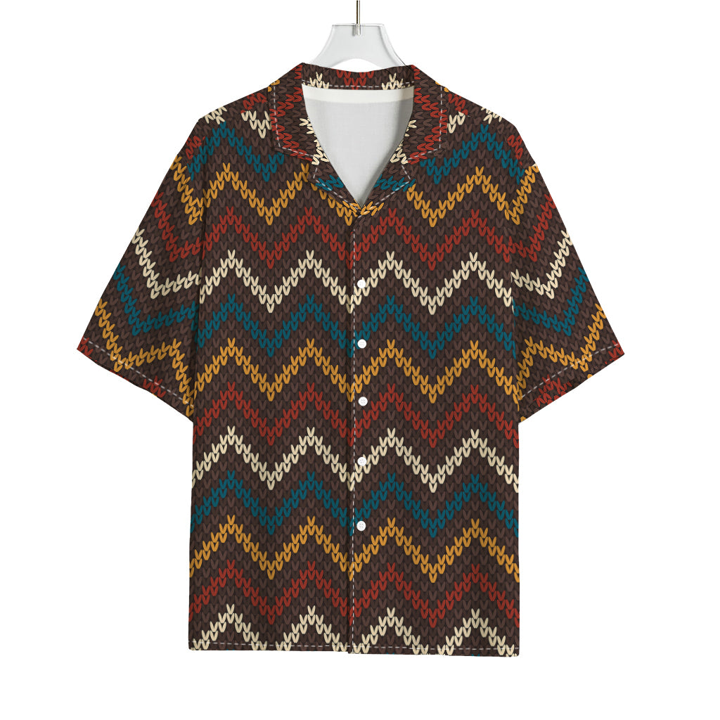 Vintage Chevron Knitted Pattern Print Rayon Hawaiian Shirt