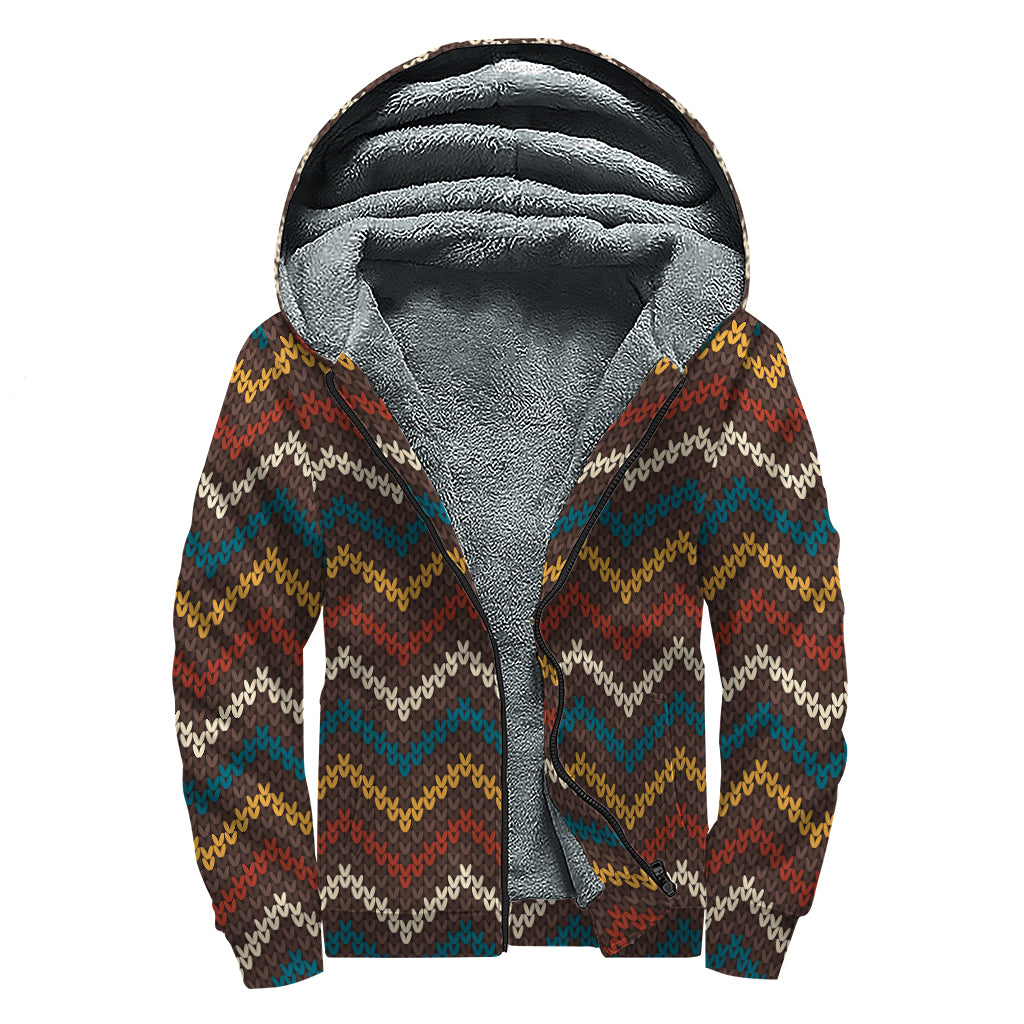 Vintage Chevron Knitted Pattern Print Sherpa Lined Zip Up Hoodie