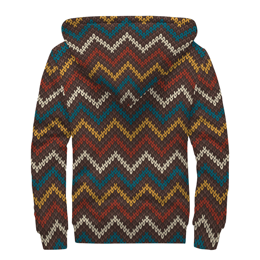 Vintage Chevron Knitted Pattern Print Sherpa Lined Zip Up Hoodie