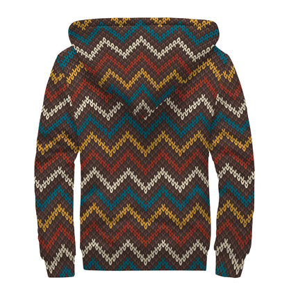 Vintage Chevron Knitted Pattern Print Sherpa Lined Zip Up Hoodie