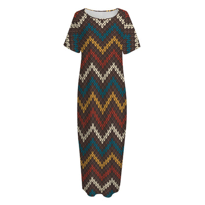 Vintage Chevron Knitted Pattern Print Short Sleeve Long Nightdress