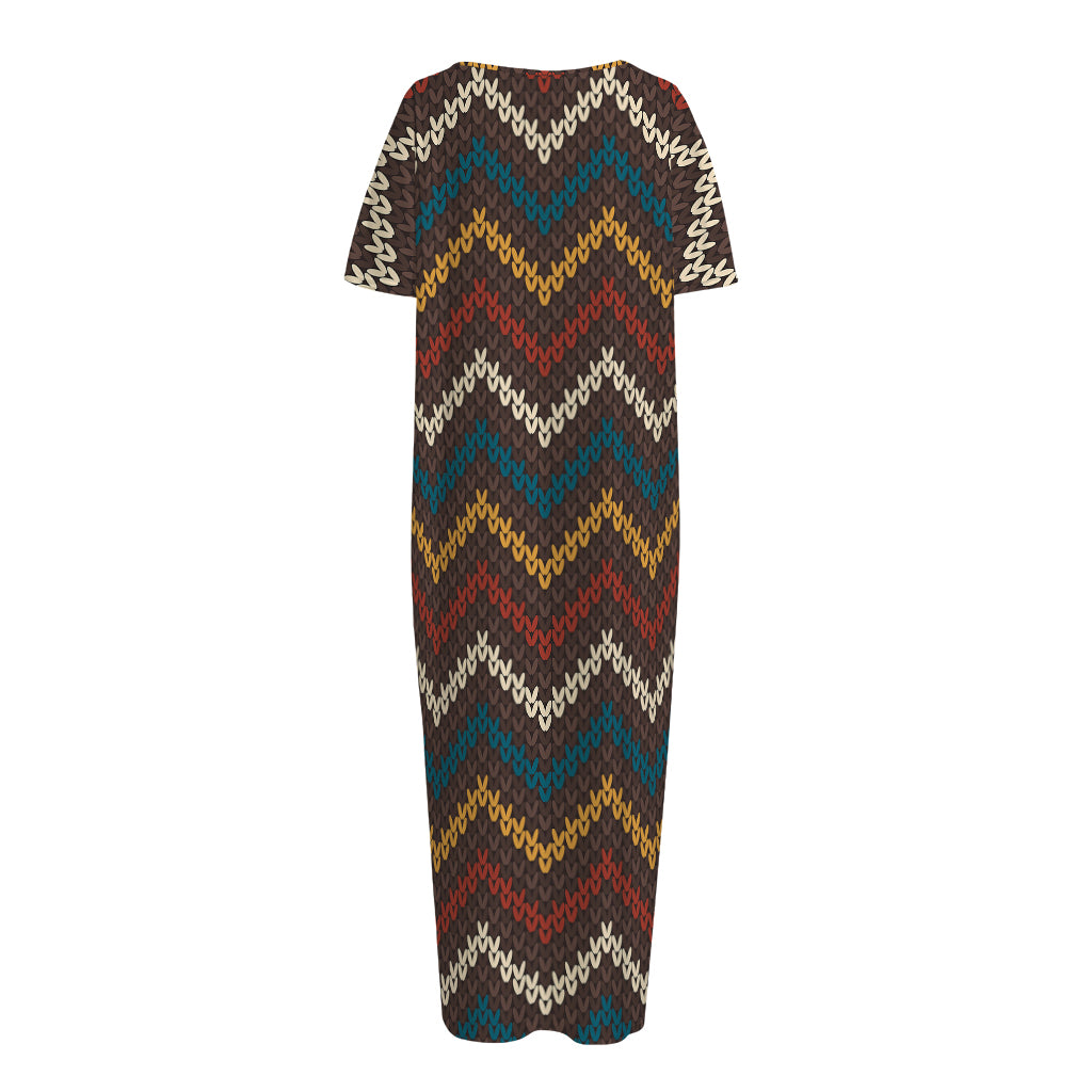 Vintage Chevron Knitted Pattern Print Short Sleeve Long Nightdress