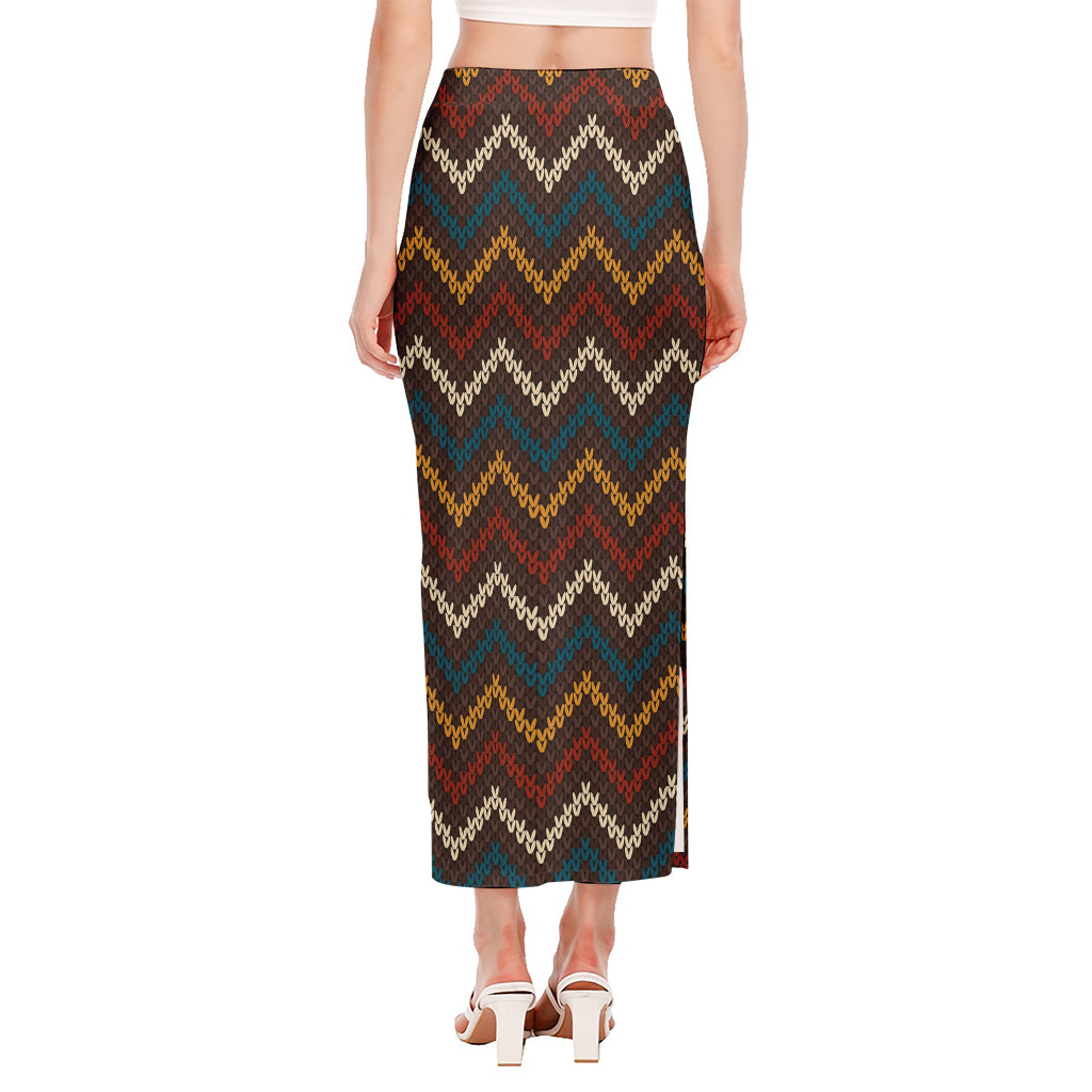 Vintage Chevron Knitted Pattern Print Side Slit Maxi Skirt