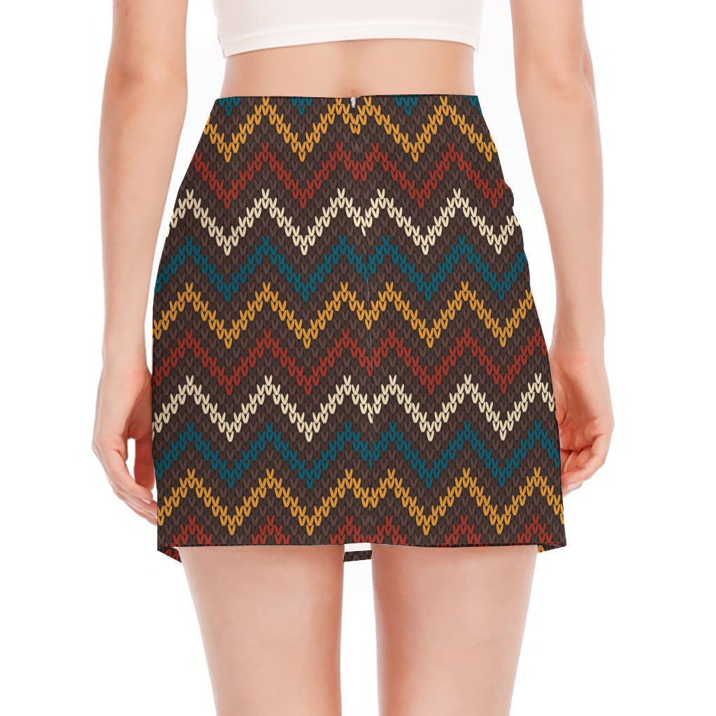 Vintage Chevron Knitted Pattern Print Side Slit Mini Skirt