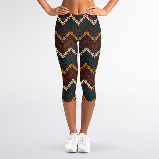 Vintage Chevron Knitted Pattern Print Women's Capri Leggings