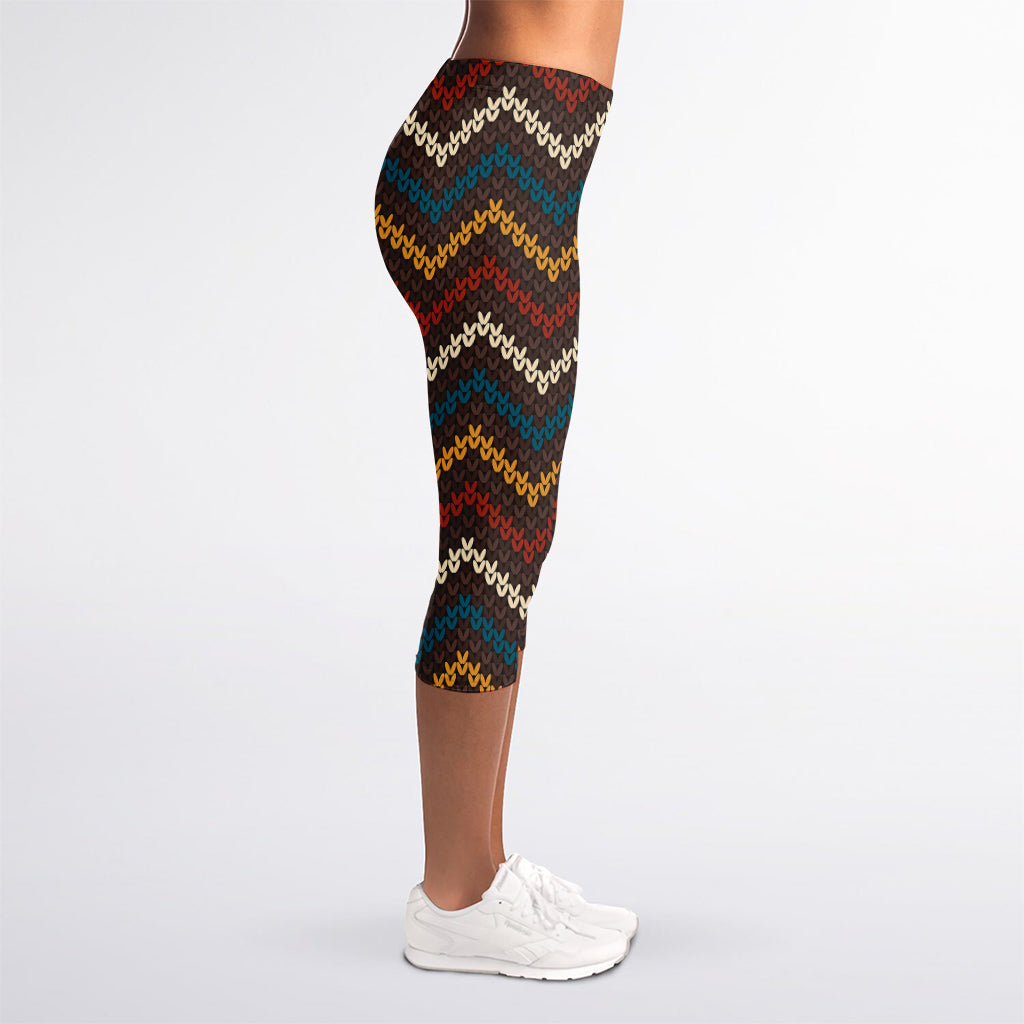 Vintage Chevron Knitted Pattern Print Women's Capri Leggings