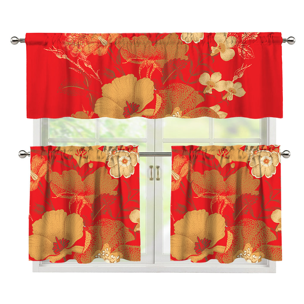 Vintage Chinese Flower Print 3 Piece Kitchen Curtains