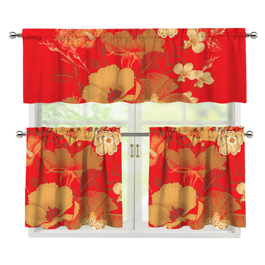 Vintage Chinese Flower Print 3 Piece Kitchen Curtains