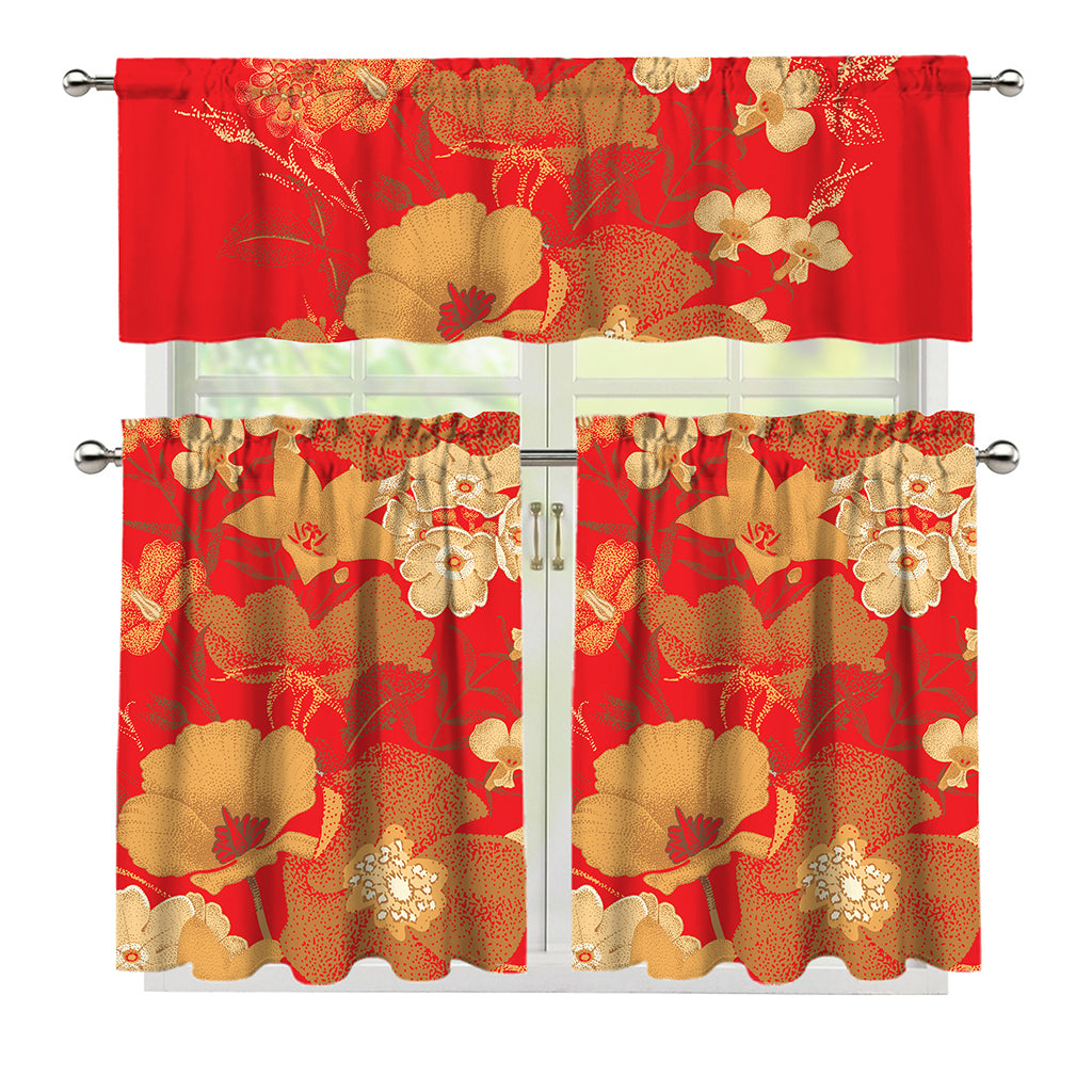 Vintage Chinese Flower Print 3 Piece Kitchen Curtains