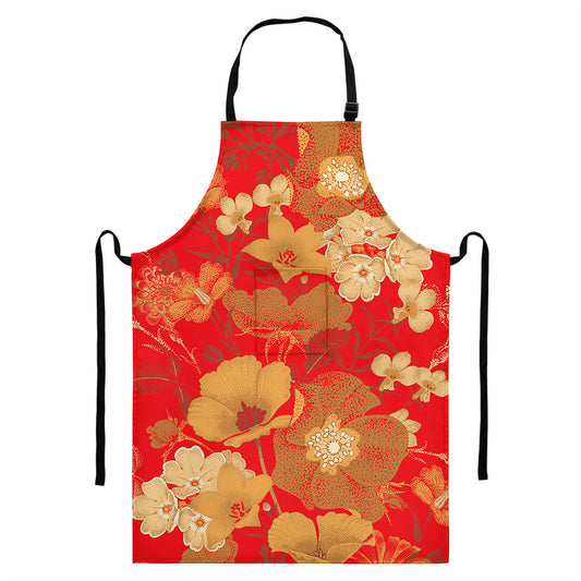 Vintage Chinese Flower Print Bib Apron With Pocket