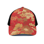 Vintage Chinese Flower Print Black Mesh Trucker Cap