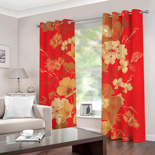 Vintage Chinese Flower Print Blackout Grommet Curtains