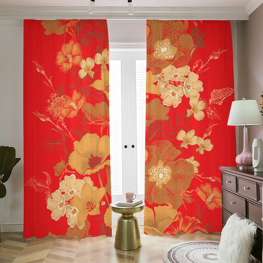 Vintage Chinese Flower Print Blackout Pencil Pleat Curtains