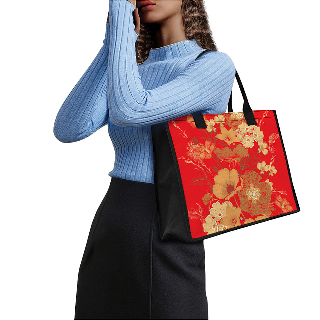 Vintage Chinese Flower Print Canvas Tote Bag