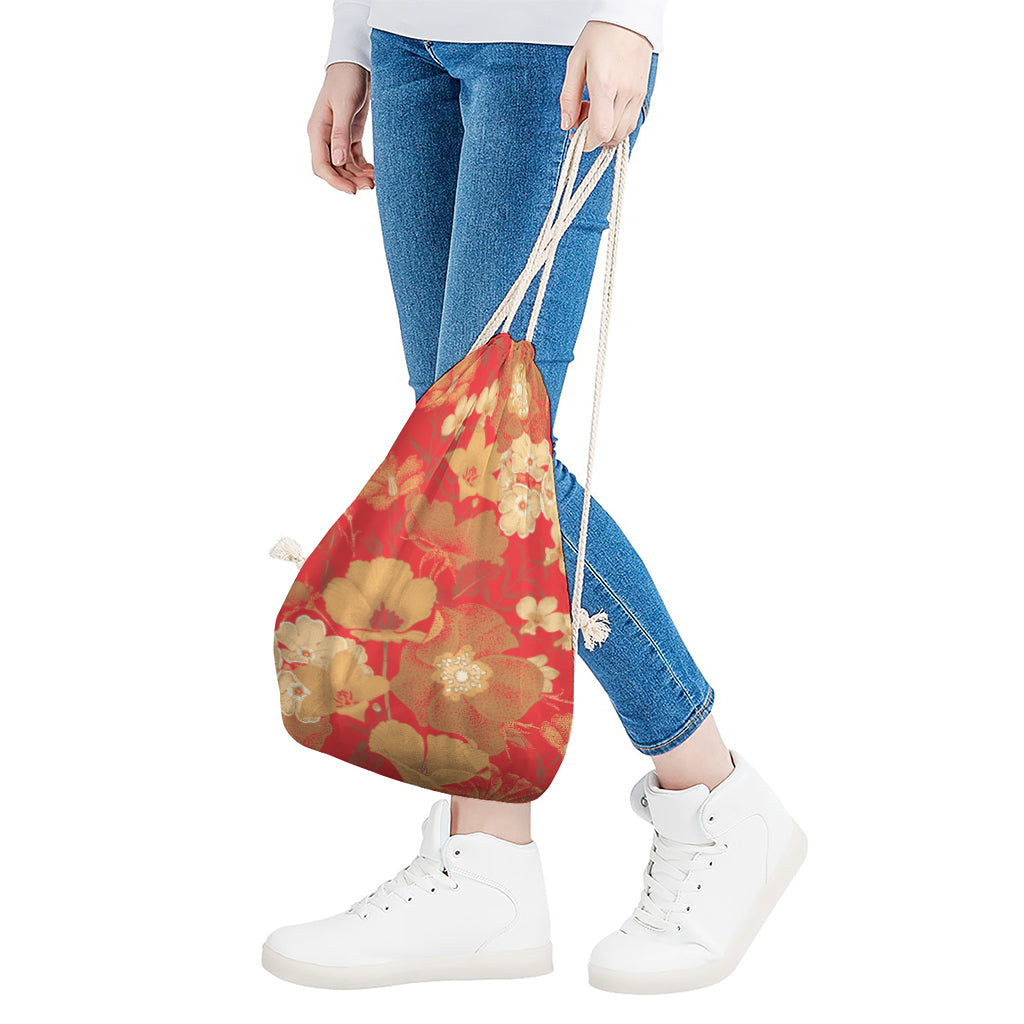 Vintage Chinese Flower Print Drawstring Bag