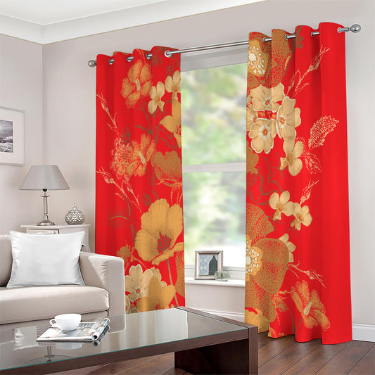 Vintage Chinese Flower Print Extra Wide Grommet Curtains