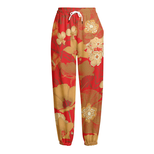 Vintage Chinese Flower Print Fleece Lined Knit Pants