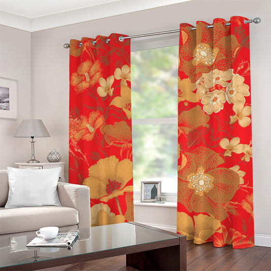 Vintage Chinese Flower Print Grommet Curtains