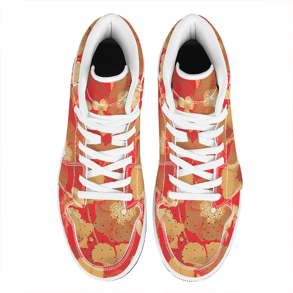 Vintage Chinese Flower Print High Top Leather Sneakers