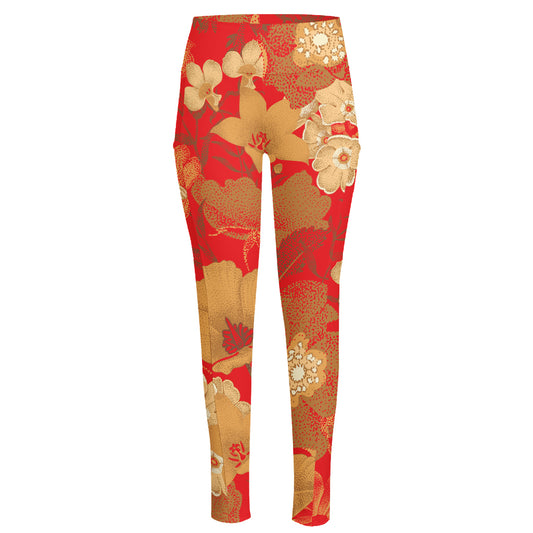 Vintage Chinese Flower Print High-Waisted Pocket Leggings
