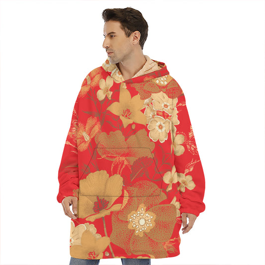 Vintage Chinese Flower Print Hoodie Blanket