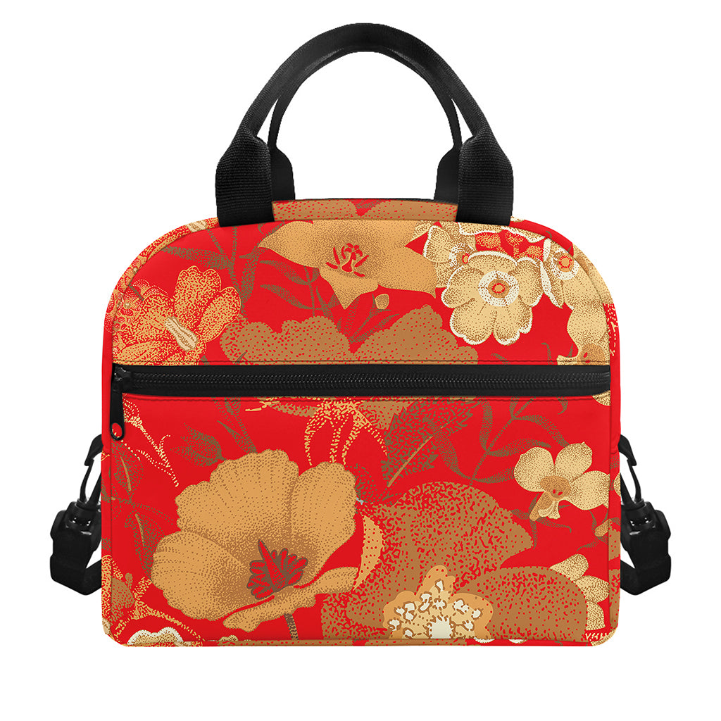 Vintage Chinese Flower Print Insulated Lunch Bag