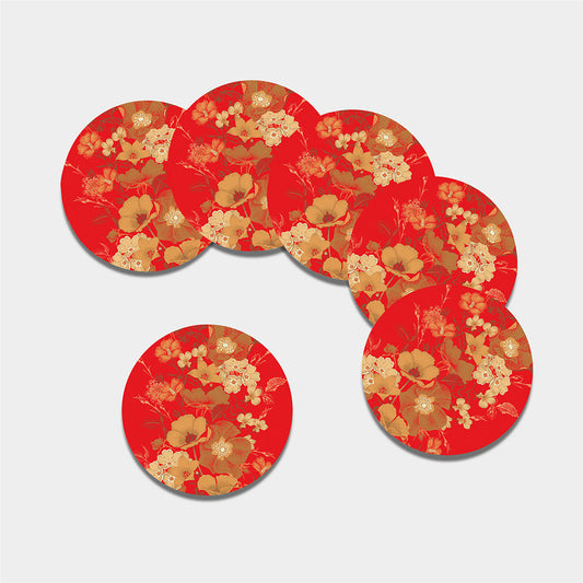 Vintage Chinese Flower Print Leather Coaster Set