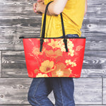 Vintage Chinese Flower Print Leather Tote Bag