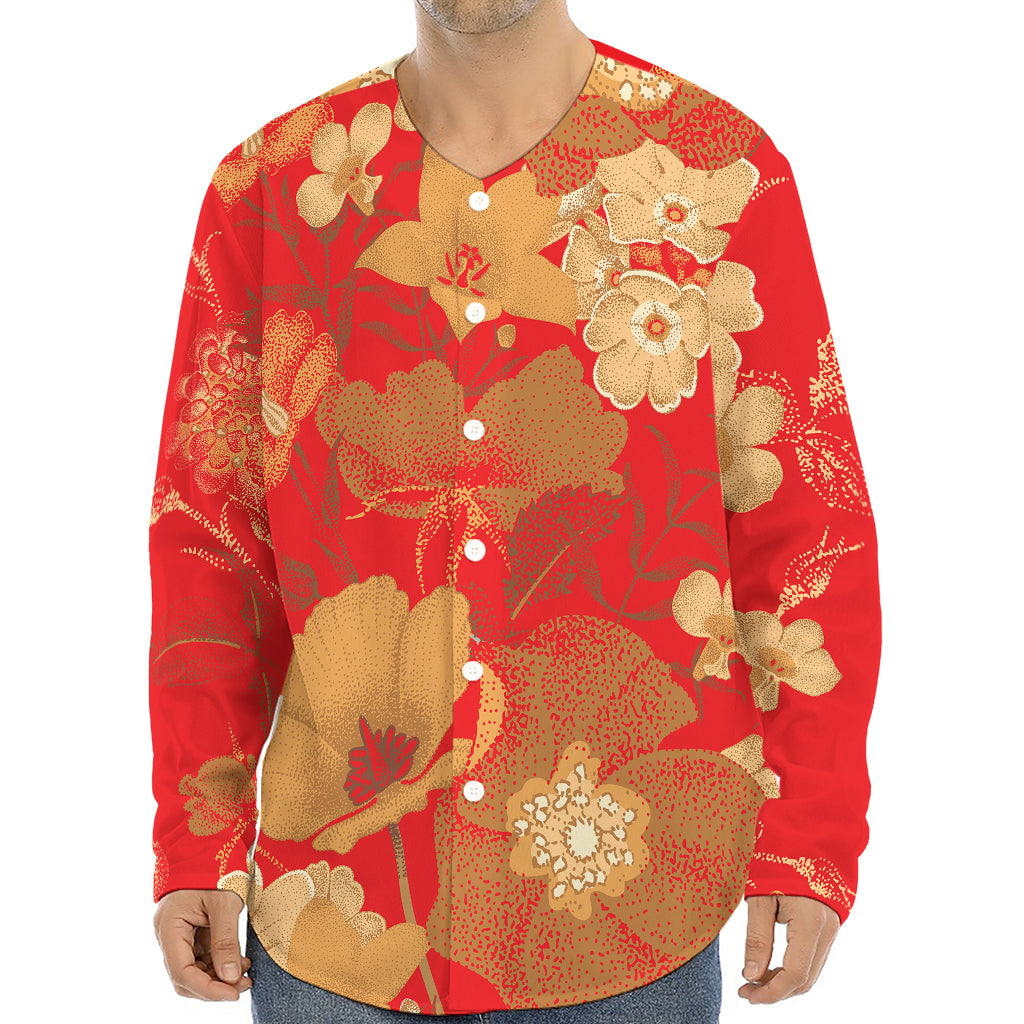 Vintage Chinese Flower Print Long Sleeve Baseball Jersey